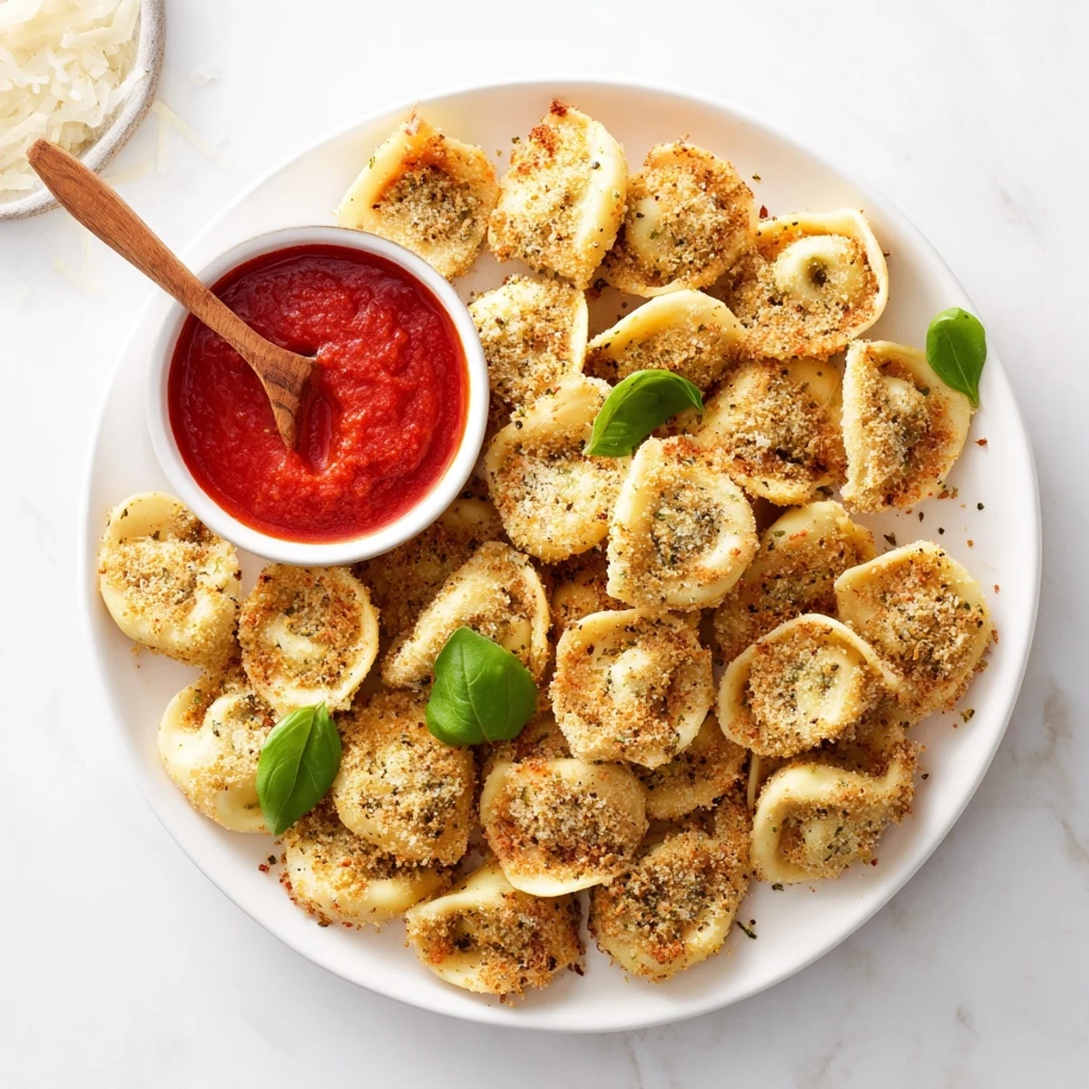 Crispy fried tortellini appetizer sprinkled with parmesan and paired with dipping sauce