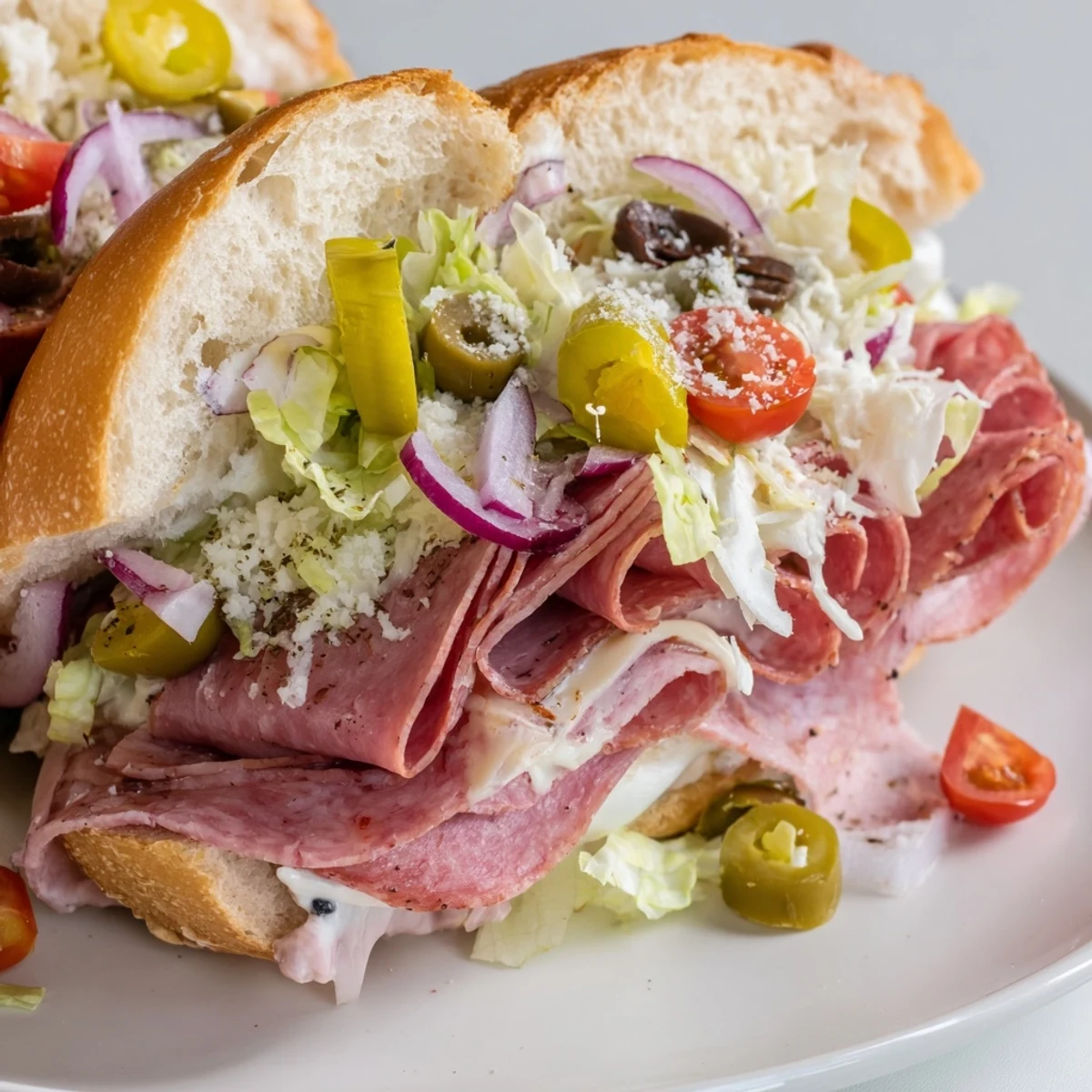 Cross-section of Italian grinder salad sandwich revealing layers of salami, ham, mortadella, and crunchy vegetable salad on fresh bread
