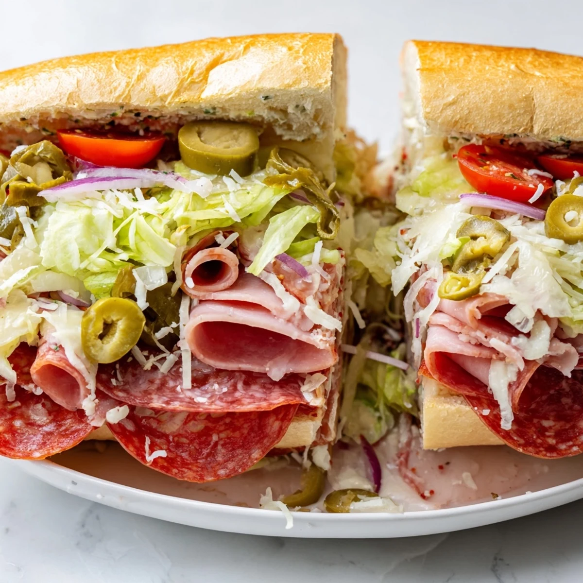 Italian grinder salad sandwich piled high with deli meats, provolone cheese, and tangy dressed lettuce on a toasted hoagie roll
