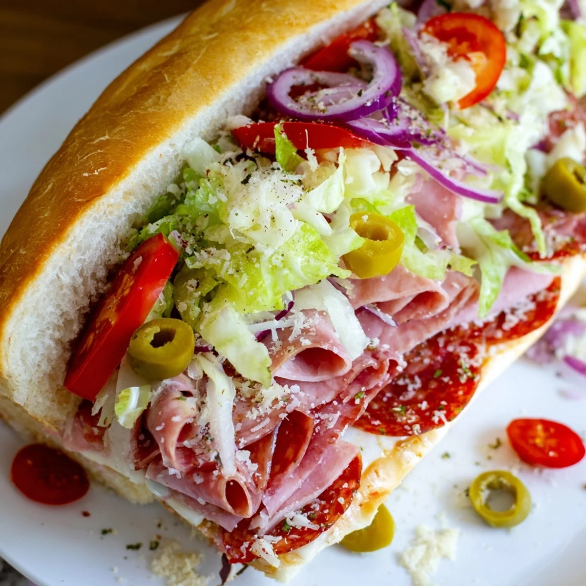 Hearty Italian grinder salad sandwich loaded with cold cuts, melted provolone, and zesty pepperoncini salad on a split sub roll