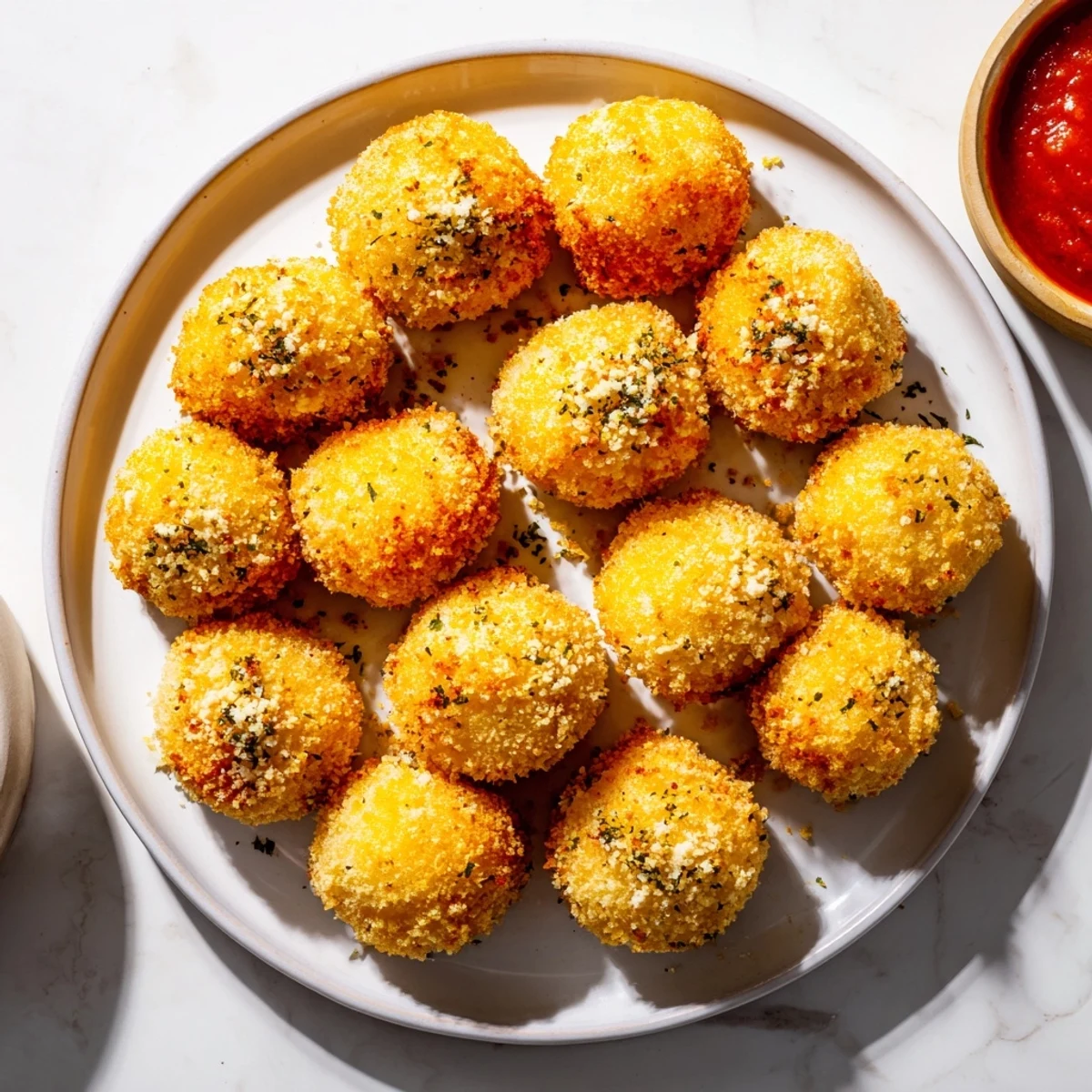 Golden fried mozzarella cheese balls with crispy panko coating and melted center