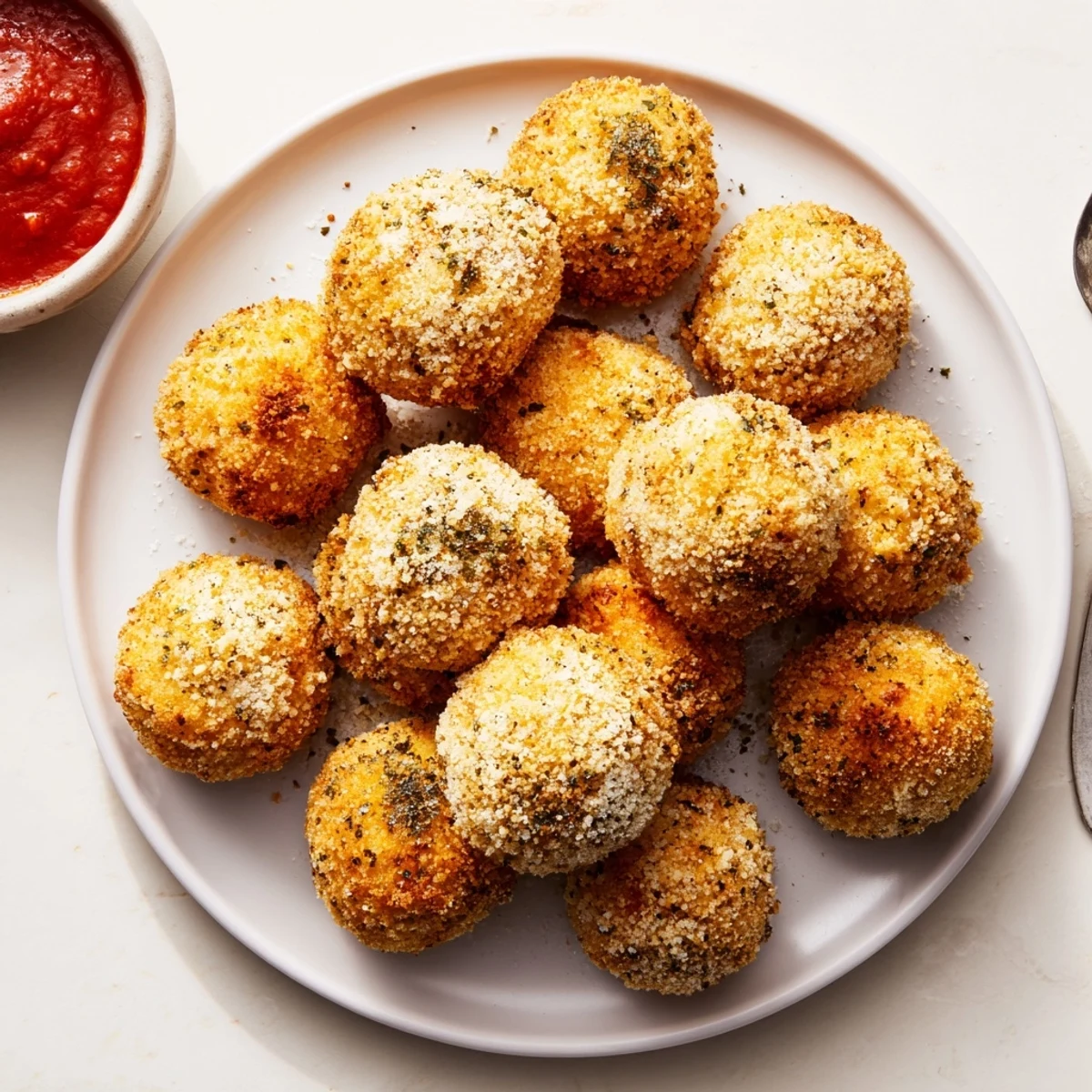 Appetizer plate of mozzarella cheese balls served with marinara dipping sauce