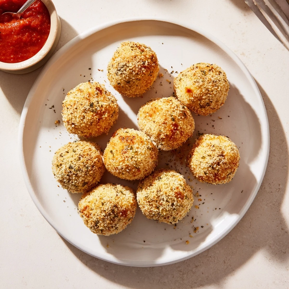 Close-up of golden mozzarella cheese balls with crunchy breadcrumb and Parmesan crust
