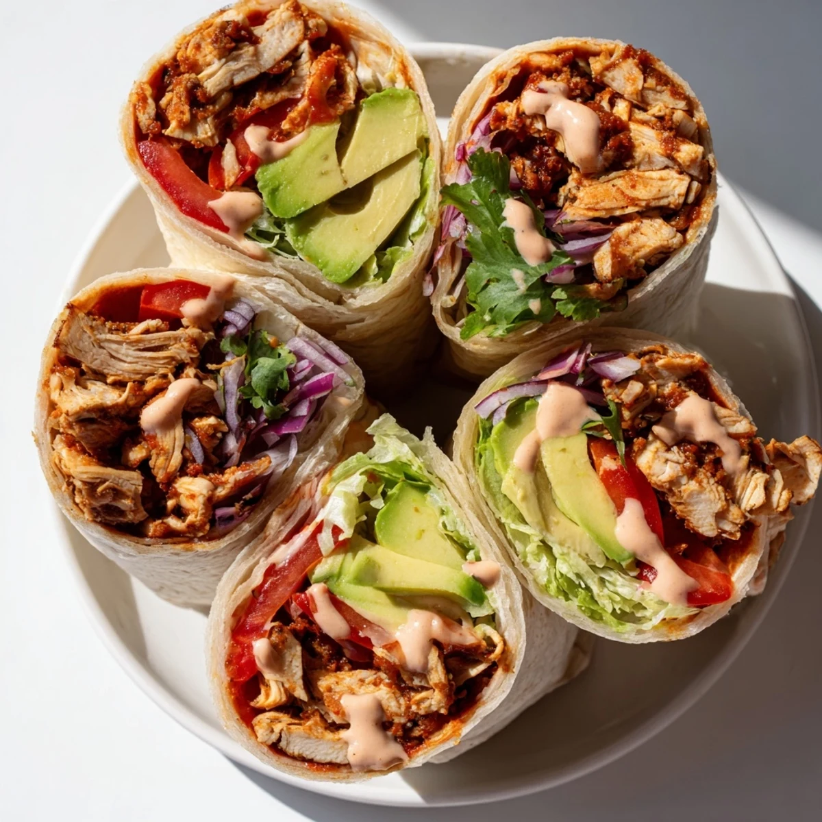 Golden brown sliced spicy chicken wraps filled with green avocado and fresh colorful vegetables