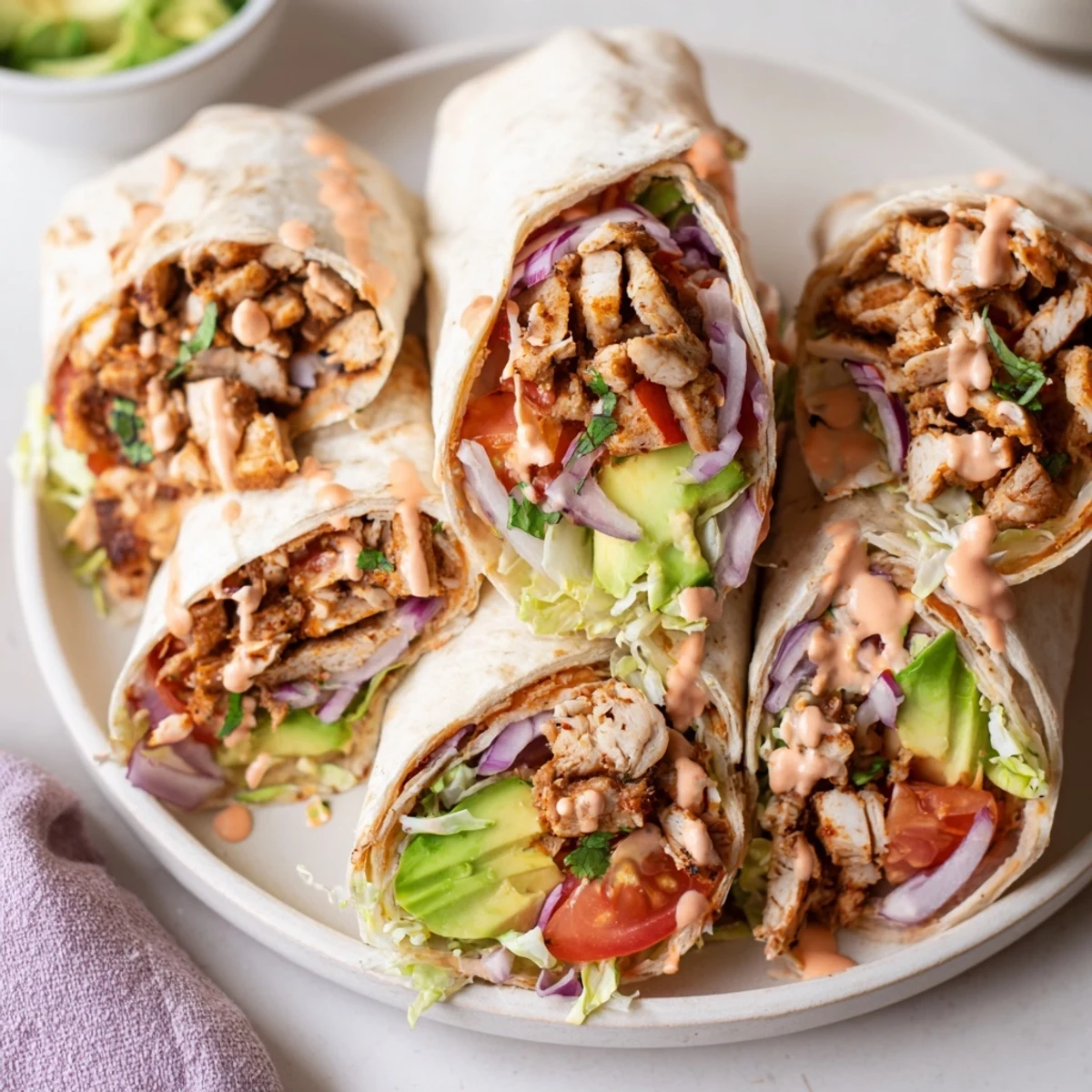 Handheld spicy chicken avocado wraps featuring seasoned meat crisp lettuce and ripe red tomato slices