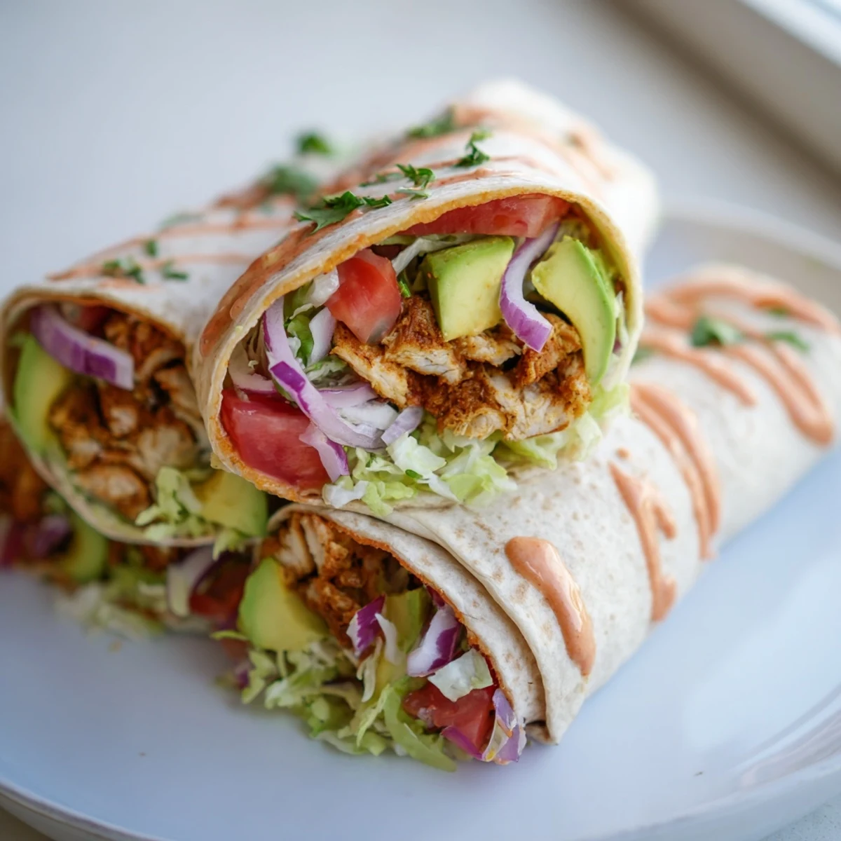 Spicy chicken avocado wraps rolled in soft tortillas with creamy yogurt sauce drizzled on top