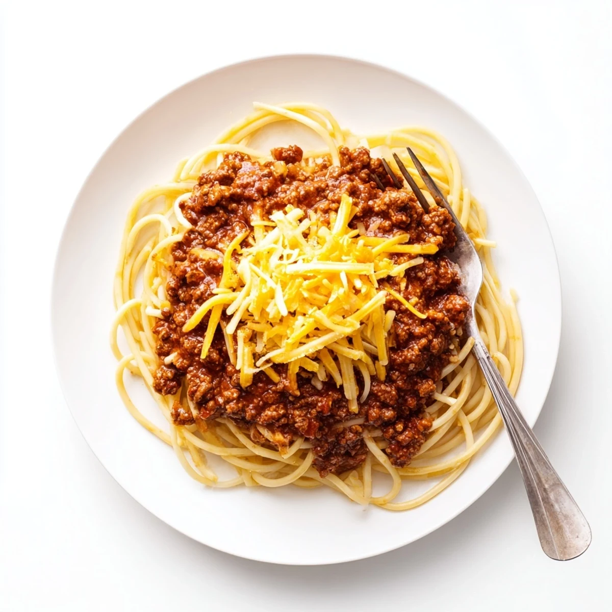 Steamy bowl of Cincinnati Chili featuring spiced meat sauce generously mounded over spaghetti noodles with shredded cheddar