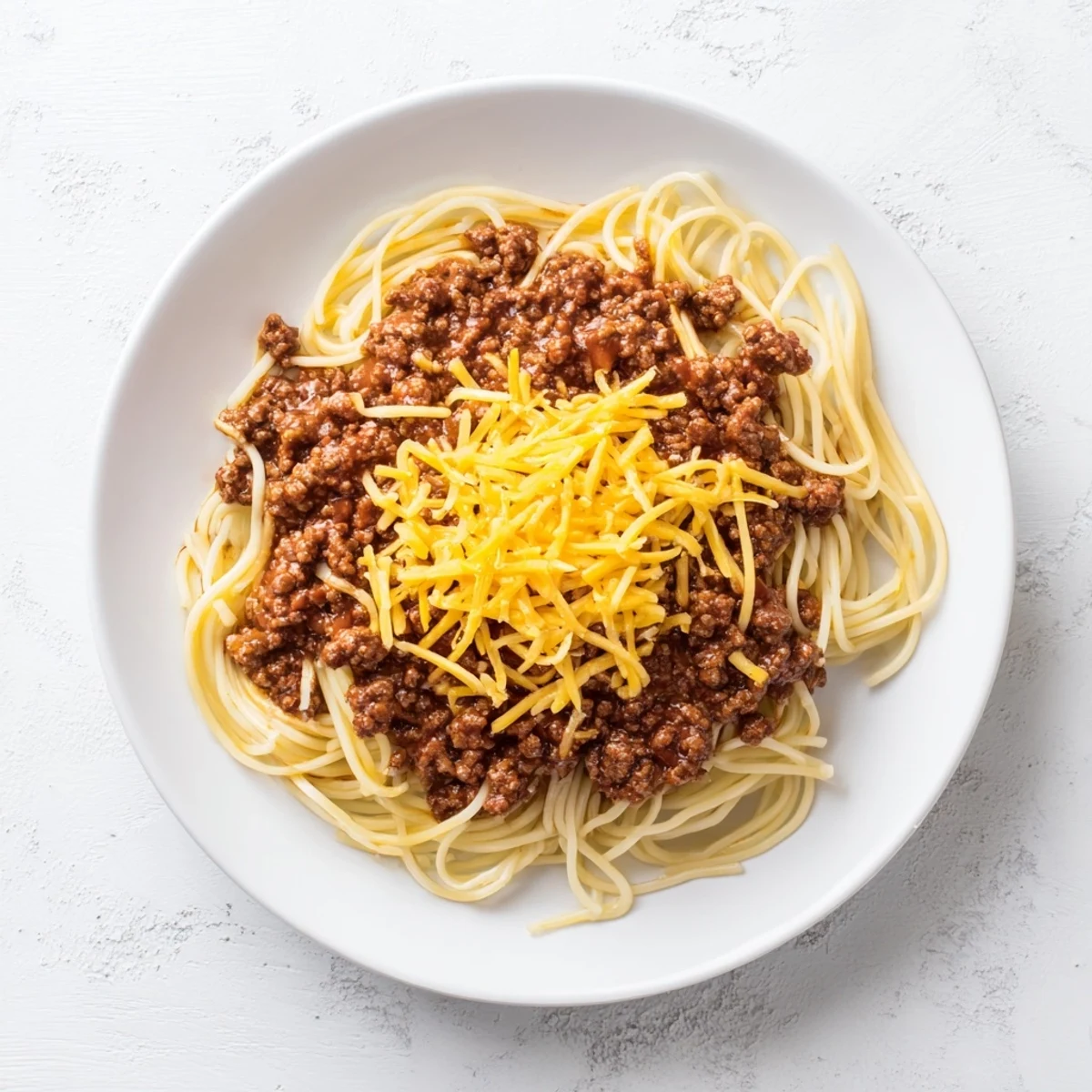 Rich Cincinnati chili with cinnamon-spiced beef sauce ladled over spaghetti and finished with sharp cheddar cheese