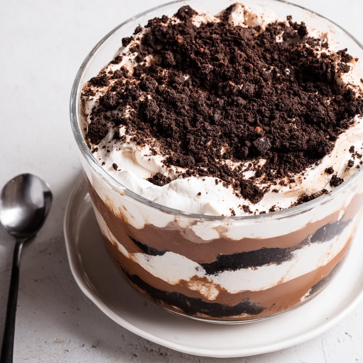 Keto dirt cake layered in clear glass with rich chocolate pudding and fluffy whipped cream topped with chocolate almond crumbs