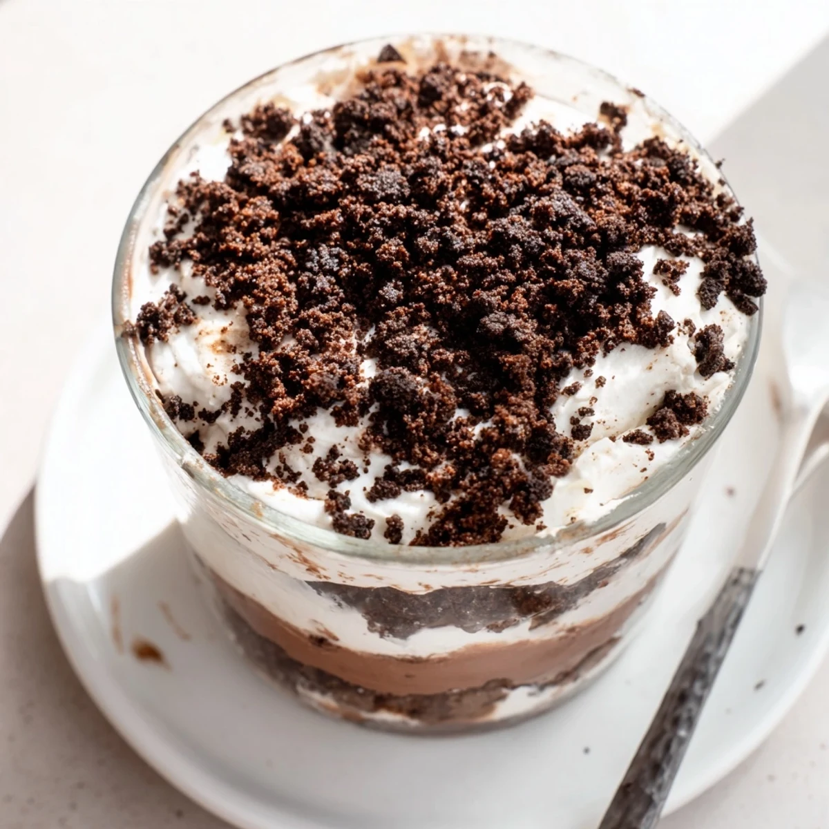 Glass jar of low-carb keto dirt cake showing alternating layers of creamy chocolate pudding whipped cream and dark crumble topping