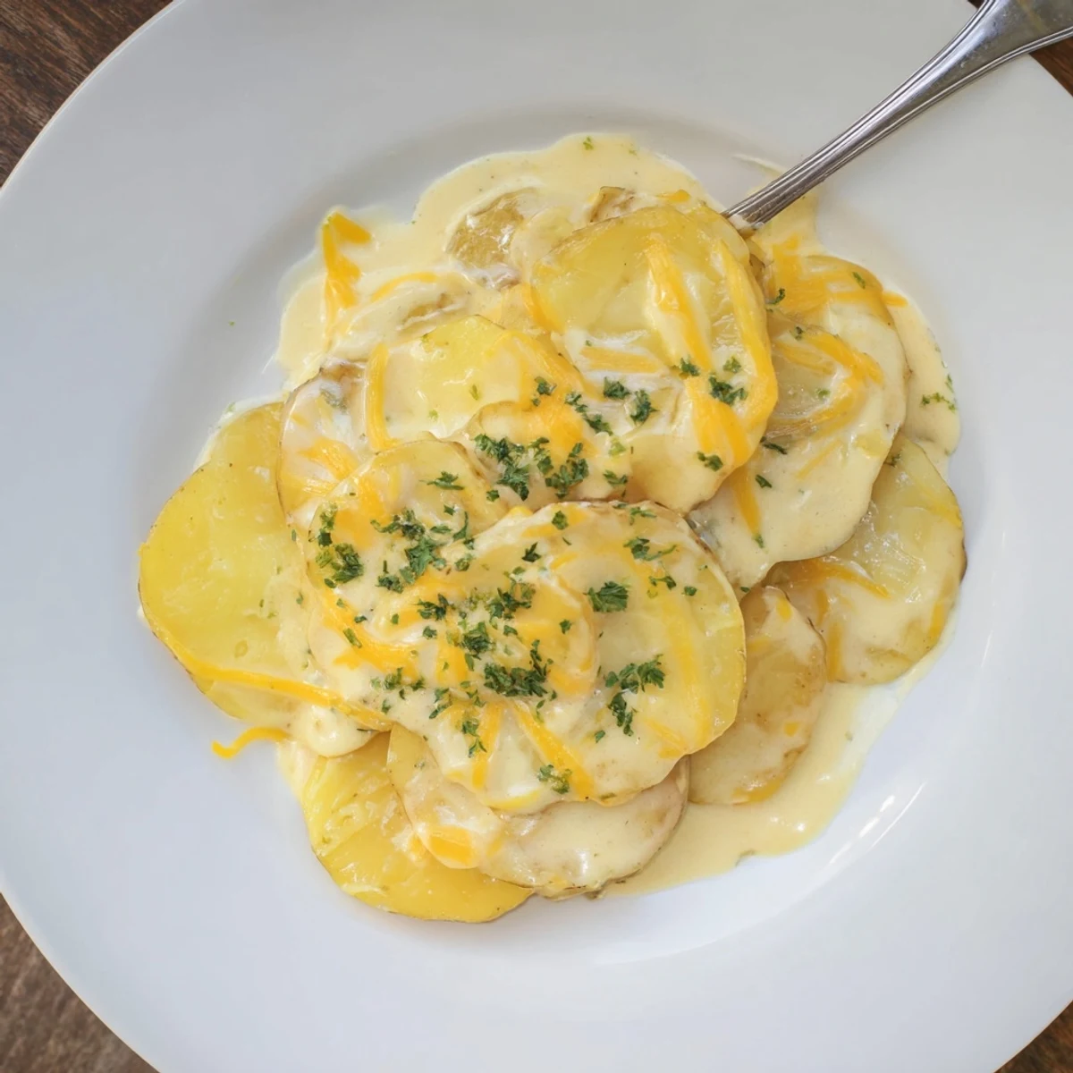 Creamy crockpot scalloped potatoes layered with tender slices and gooey cheese