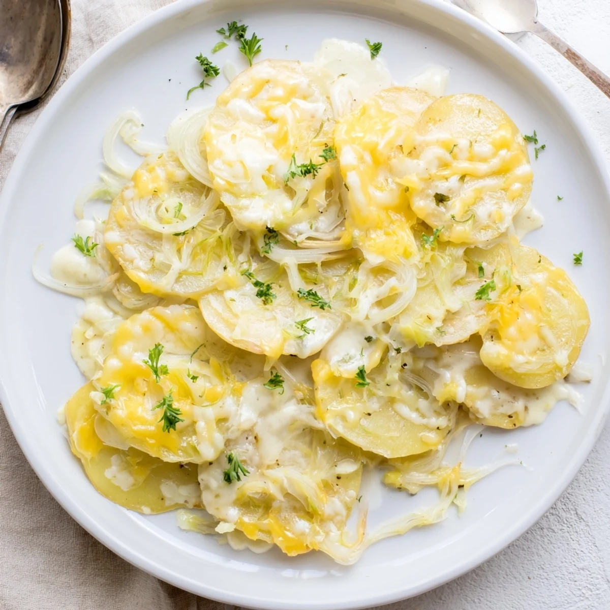 Tender slow cooker scalloped potatoes topped with golden melted cheese and parsley