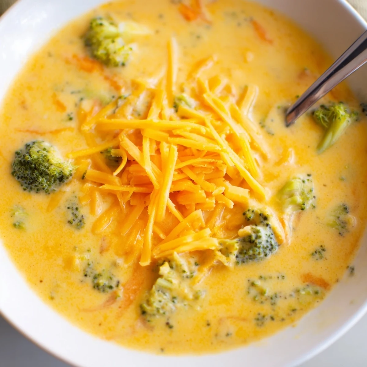 Creamy Instant Pot Broccoli Cheddar Soup topped with melted shredded cheddar and fresh herbs in a white bowl