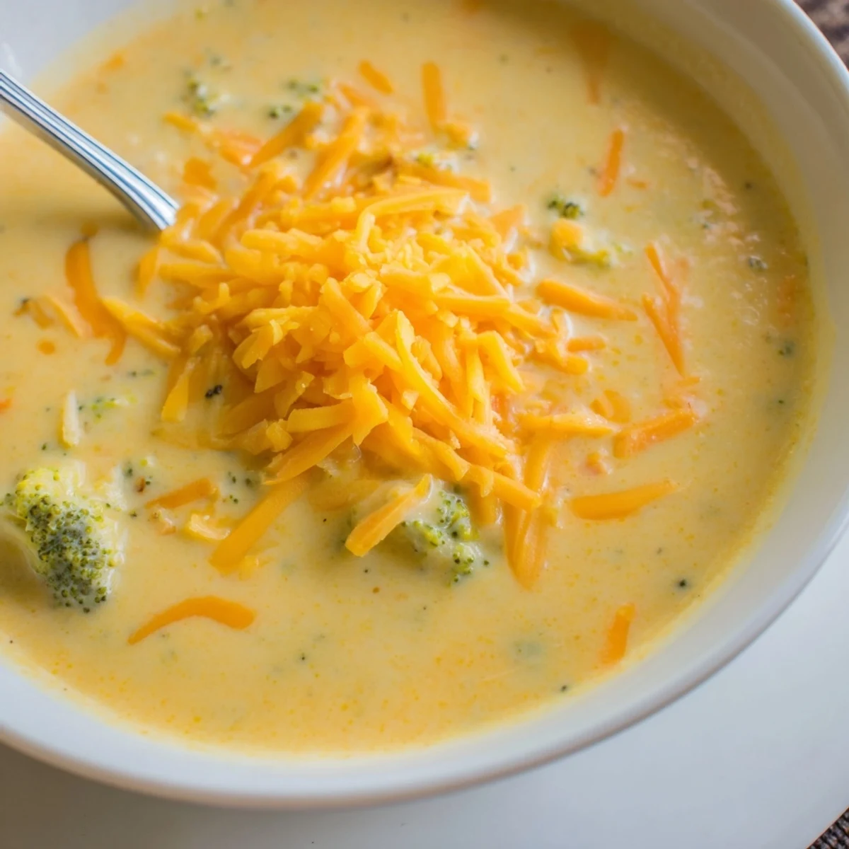 Golden bowl of rich Instant Pot Broccoli Cheddar Soup garnished with grated cheese and parsley on a wooden table