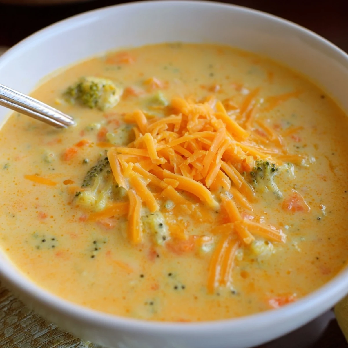 Spoon lifting velvety Instant Pot Broccoli Cheddar Soup with visible broccoli florets and cheesy texture