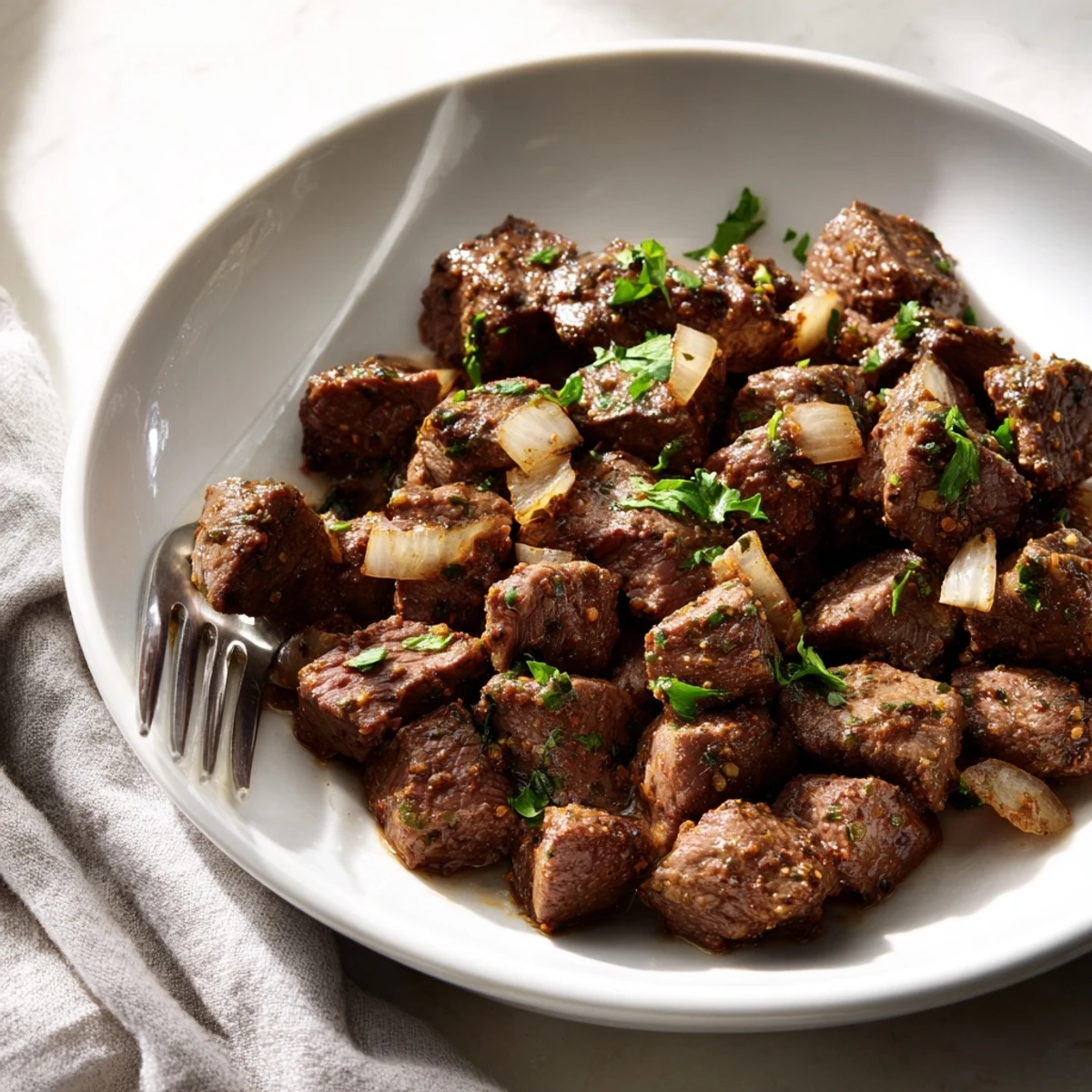 Golden brown crockpot steak bites glistening with garlic butter and fresh parsley garnish