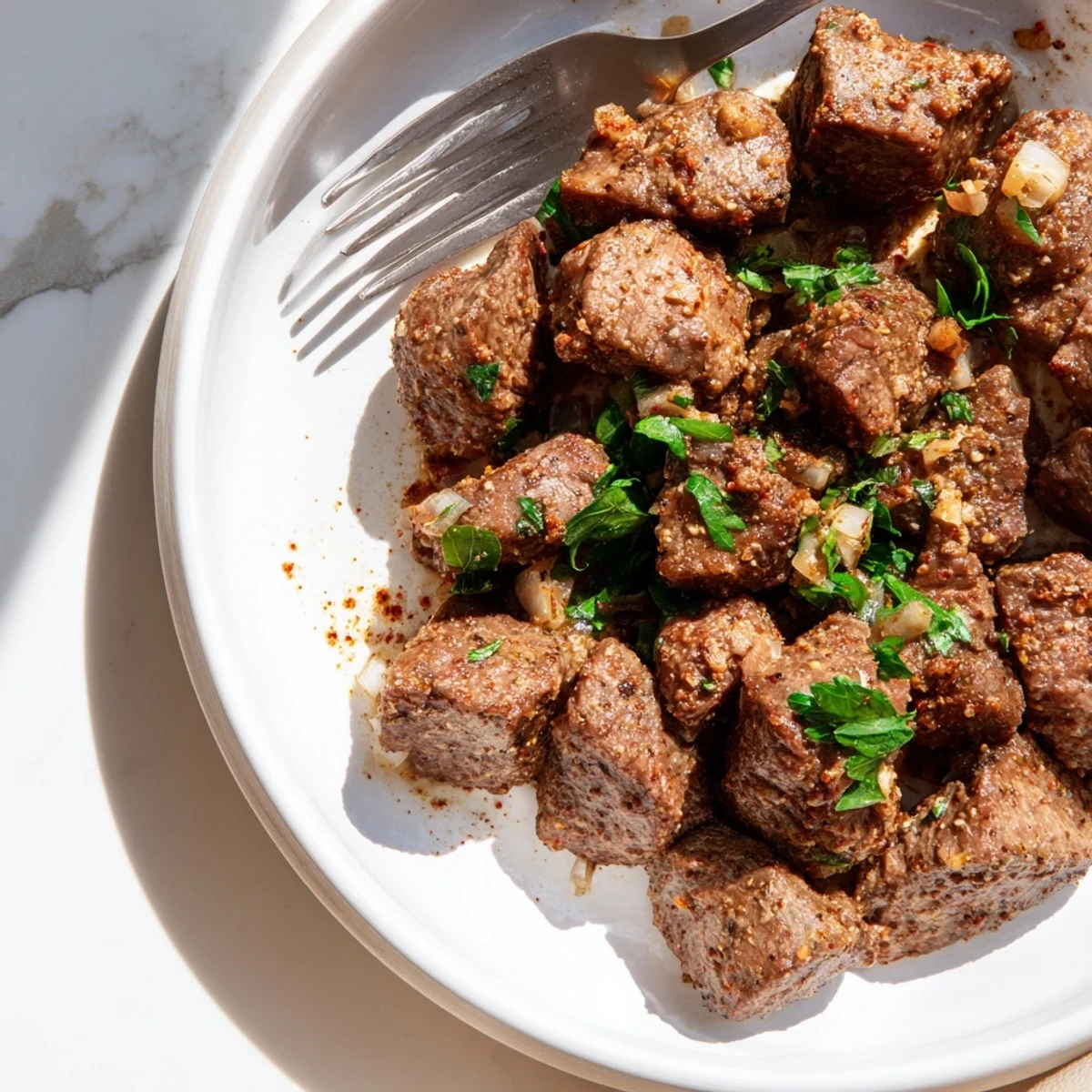 Tender slow cooker steak bites swimming in rich beef broth with melted butter