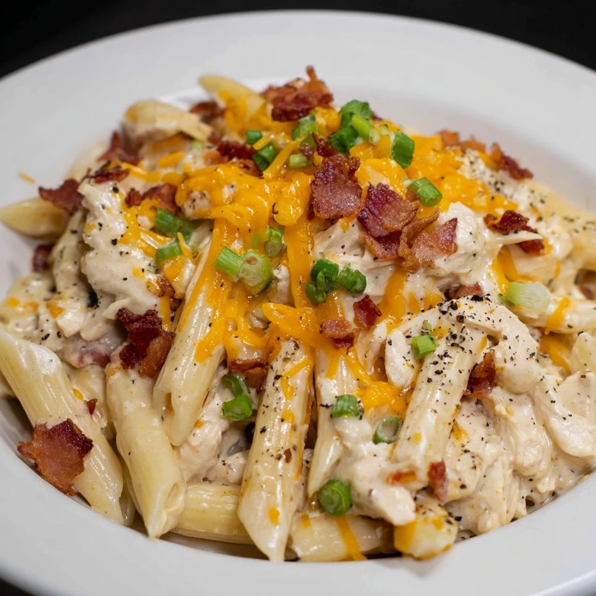 Creamy crack chicken pasta tossed with cheddar sauce and crispy bacon bits