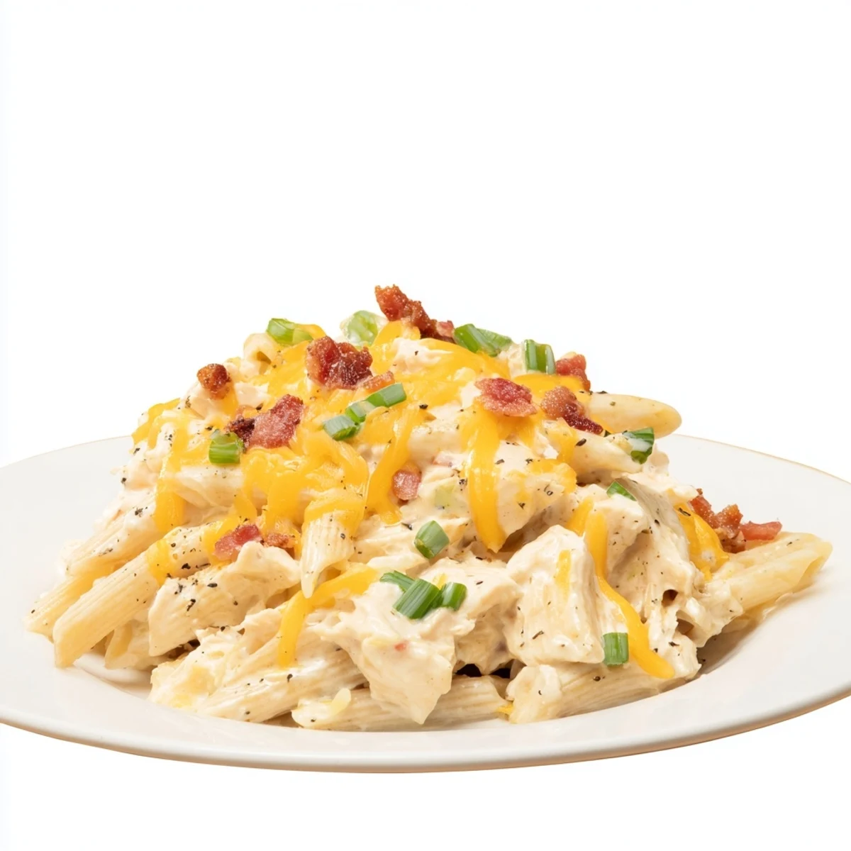 Steaming bowl of comfort food pasta with shredded chicken and melted cheese topping