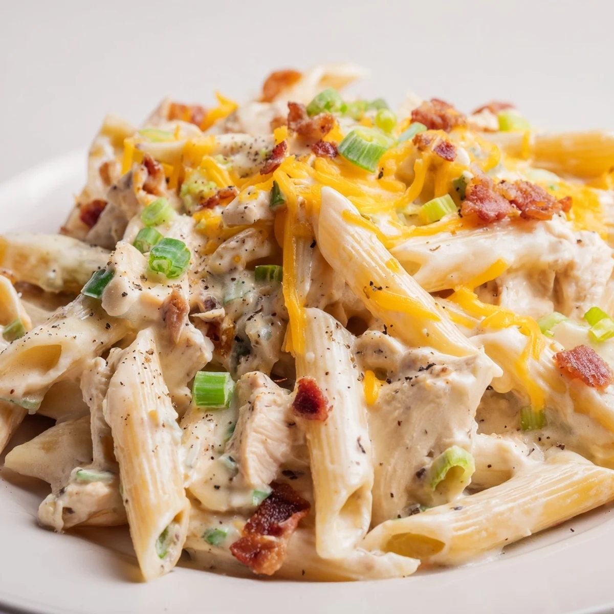 Golden cheesy crack chicken pasta dish garnished with green onions and black pepper