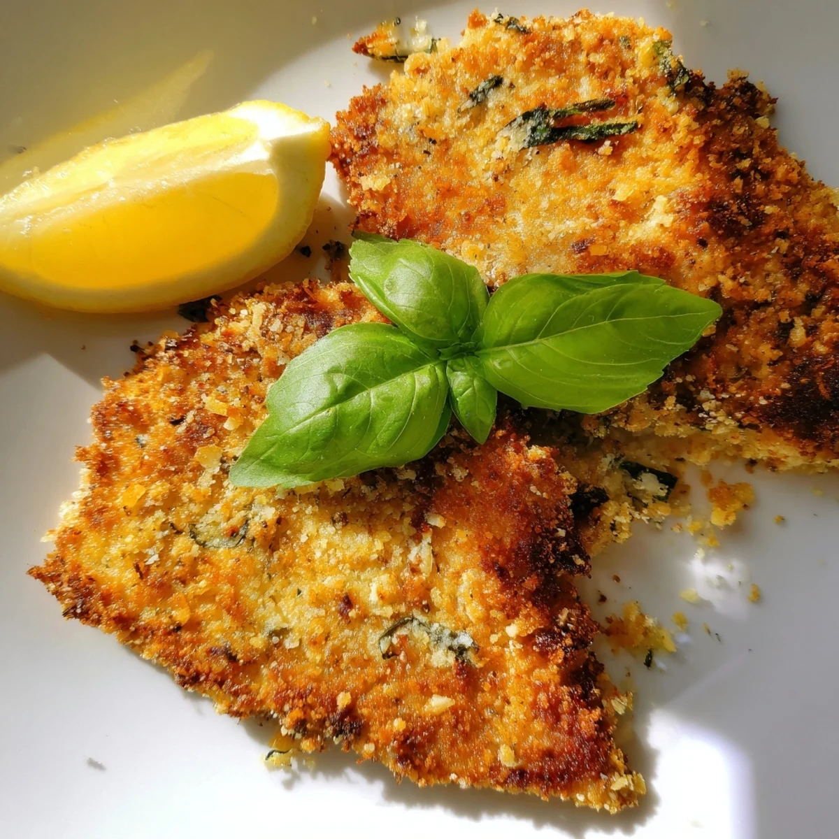Golden Parmesan basil chicken cutlets served on a white plate with fresh basil garnish