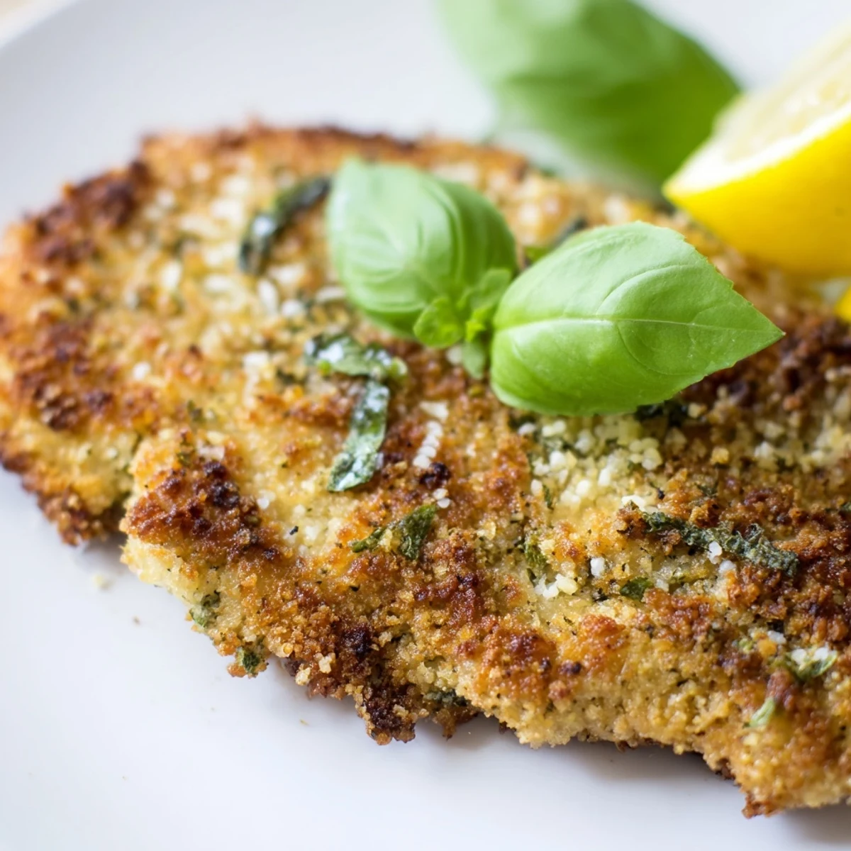 Crispy pan-fried chicken cutlets coated in Parmesan and basil breading with lemon wedges