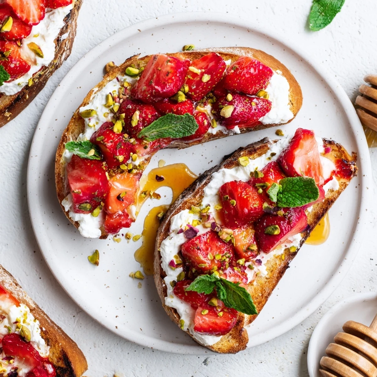 Vibrant breakfast spread showing roasted strawberry whipped ricotta toast with honey drizzle on rustic wooden board