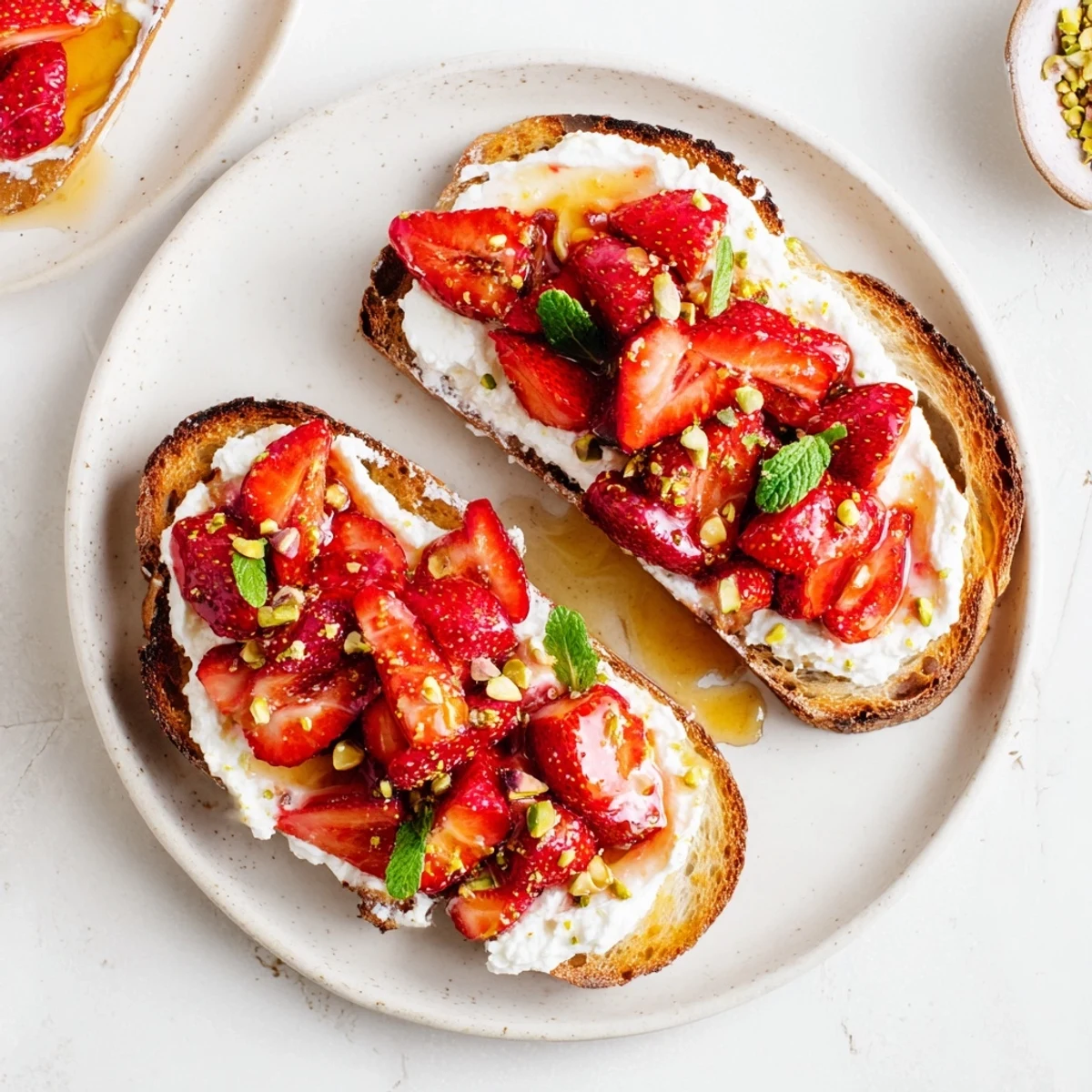 Golden brown sourdough toast piled high with creamy whipped ricotta topped with roasted strawberry compote and fresh mint