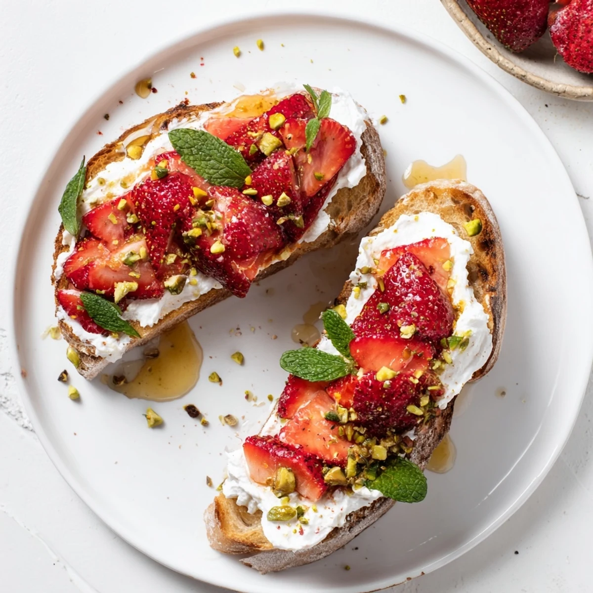 Thick artisan bread slices layered with fluffy lemon ricotta cheese and syrupy roasted strawberries garnished with crushed pistachios