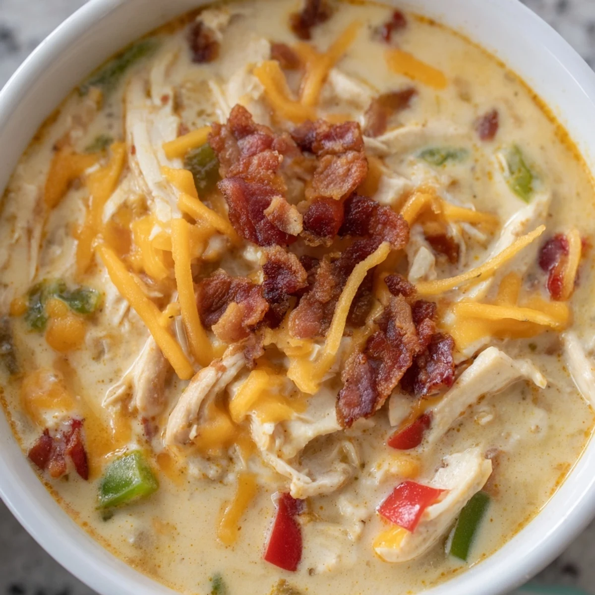 Creamy spicy jalapeno popper chicken soup topped with melted cheddar, crumbled bacon, and fresh sliced green onions