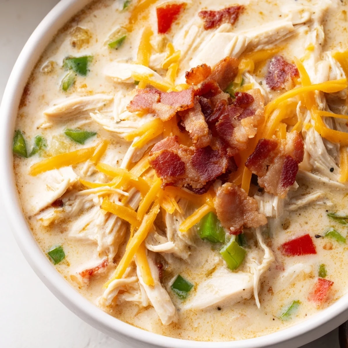 Rich white chicken soup loaded with diced jalapeños and red bell peppers in a velvety cream cheese broth