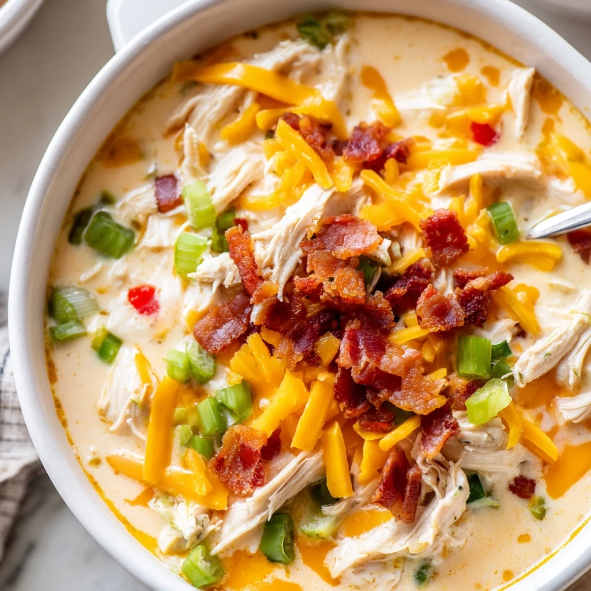 Hearty low carb jalapeno popper chicken soup simmered with smoked paprika and garnished with crispy bacon bits