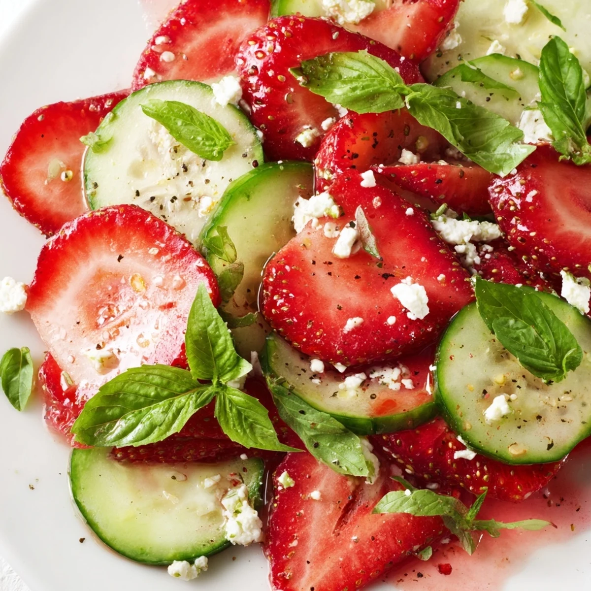 Fresh strawberry cucumber salad tossed with mint, basil, and tangy balsamic dressing in a white bowl