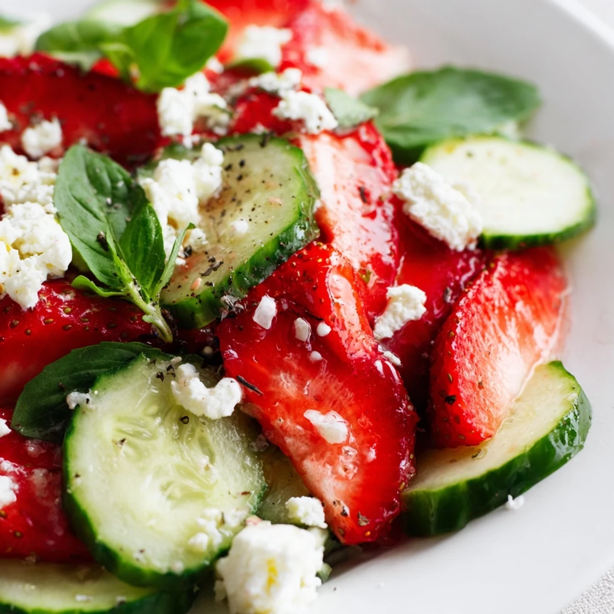 Vibrant strawberry cucumber salad featuring sliced juicy berries, crisp cucumber ribbons, and crumbled feta cheese topping