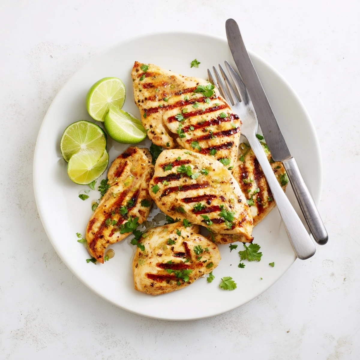 Golden grilled Key West chicken breasts with charred grill marks and fresh cilantro garnish