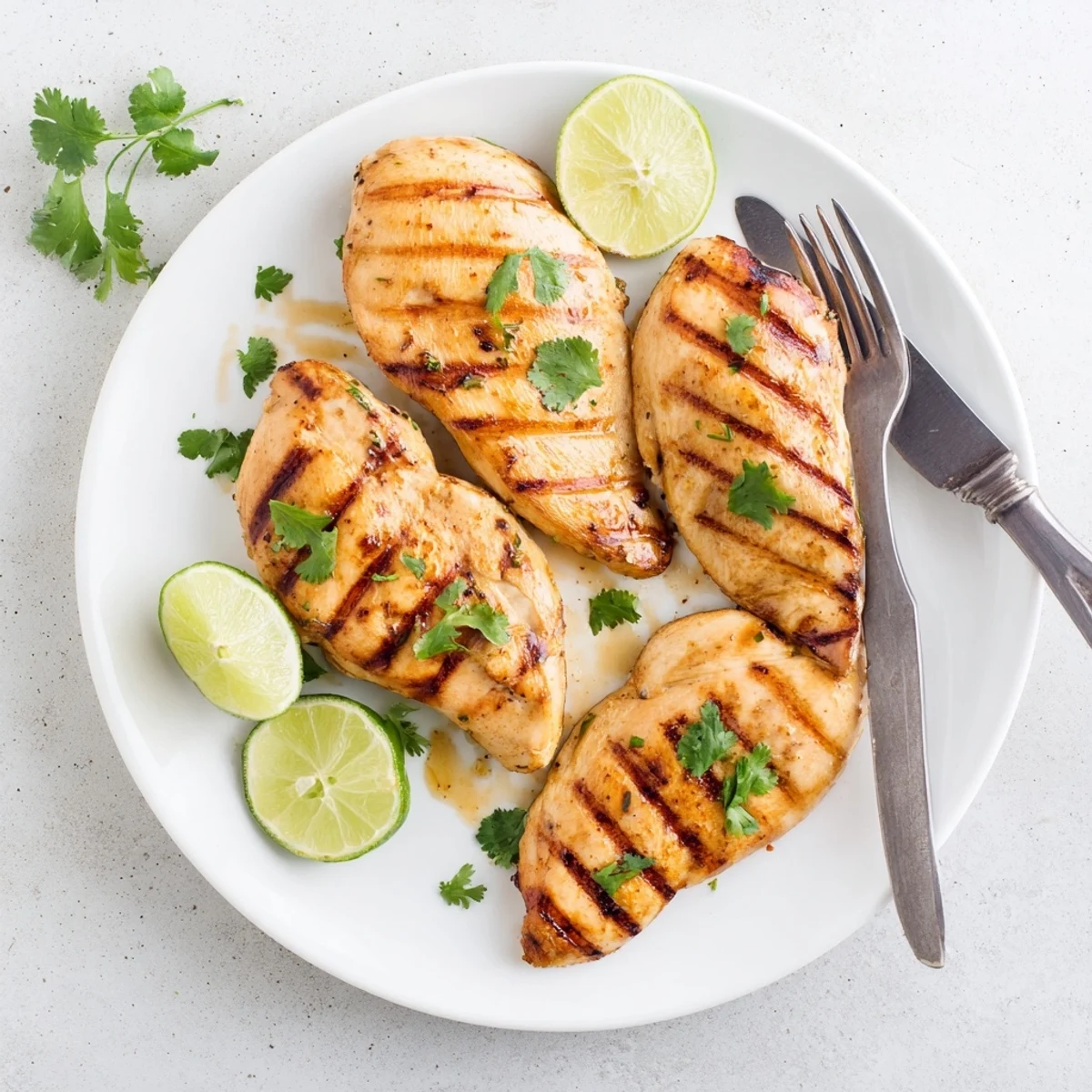 Citrus-marinated Key West grilled chicken resting on a cutting board with fresh herbs