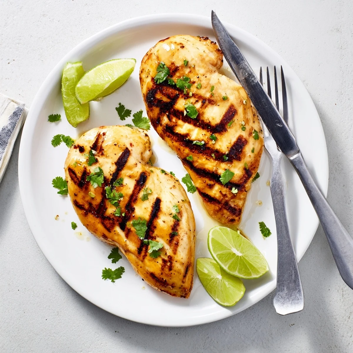 Zesty Key West grilled chicken served with lime wedges on a white plate