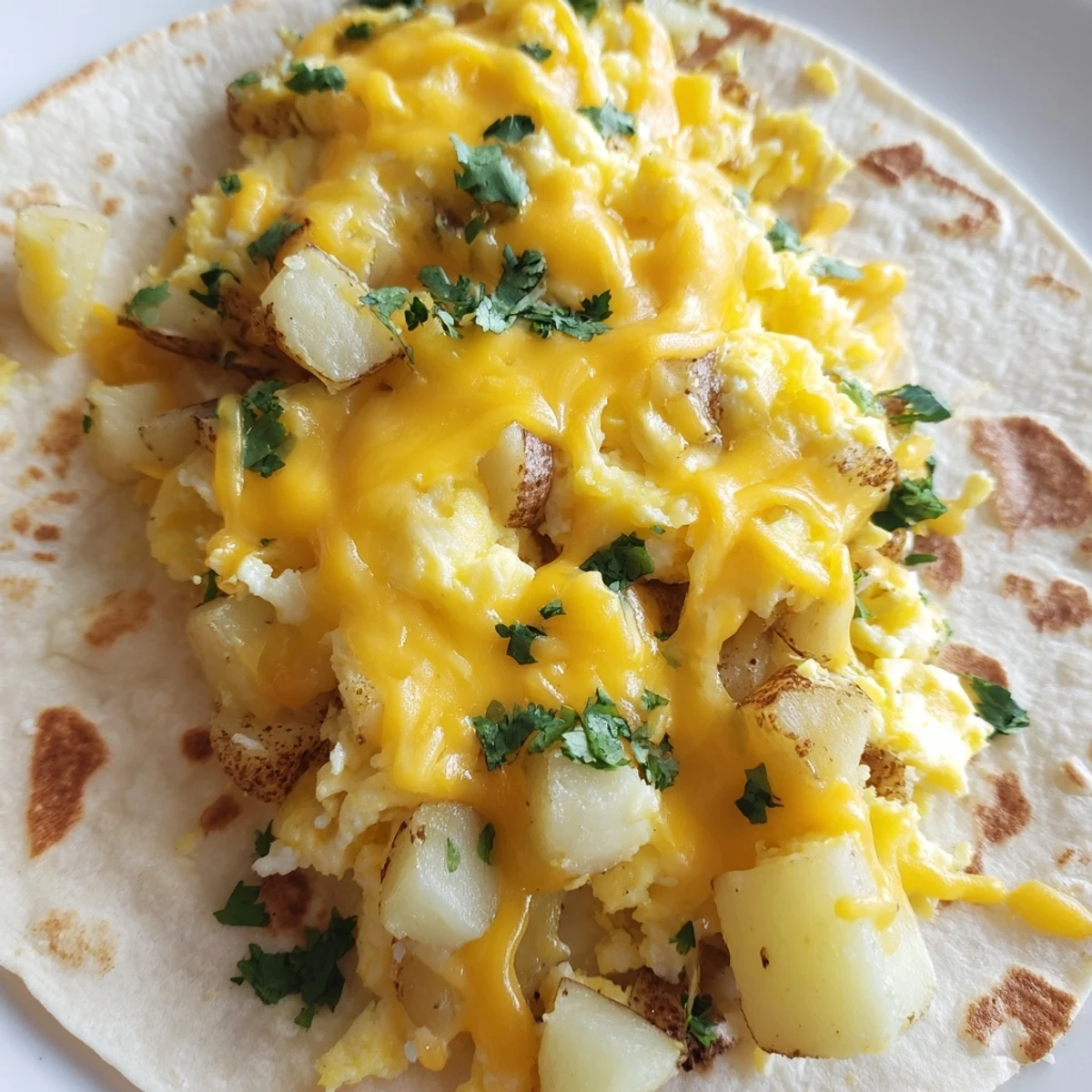 Golden potato egg cheese breakfast tacos loaded with fluffy scrambled eggs and melted cheddar in warm tortillas