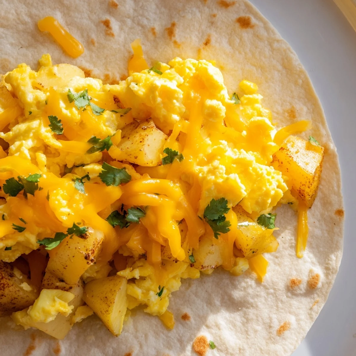 Hearty potato egg cheese breakfast tacos featuring crispy diced potatoes topped with fresh cilantro and salsa
