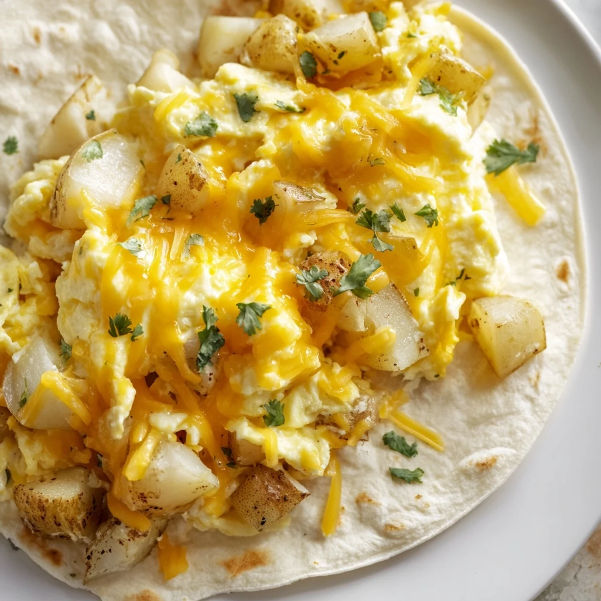 Fluffy potato egg cheese breakfast tacos stuffed with seasoned potatoes and scrambled eggs in soft flour tortillas