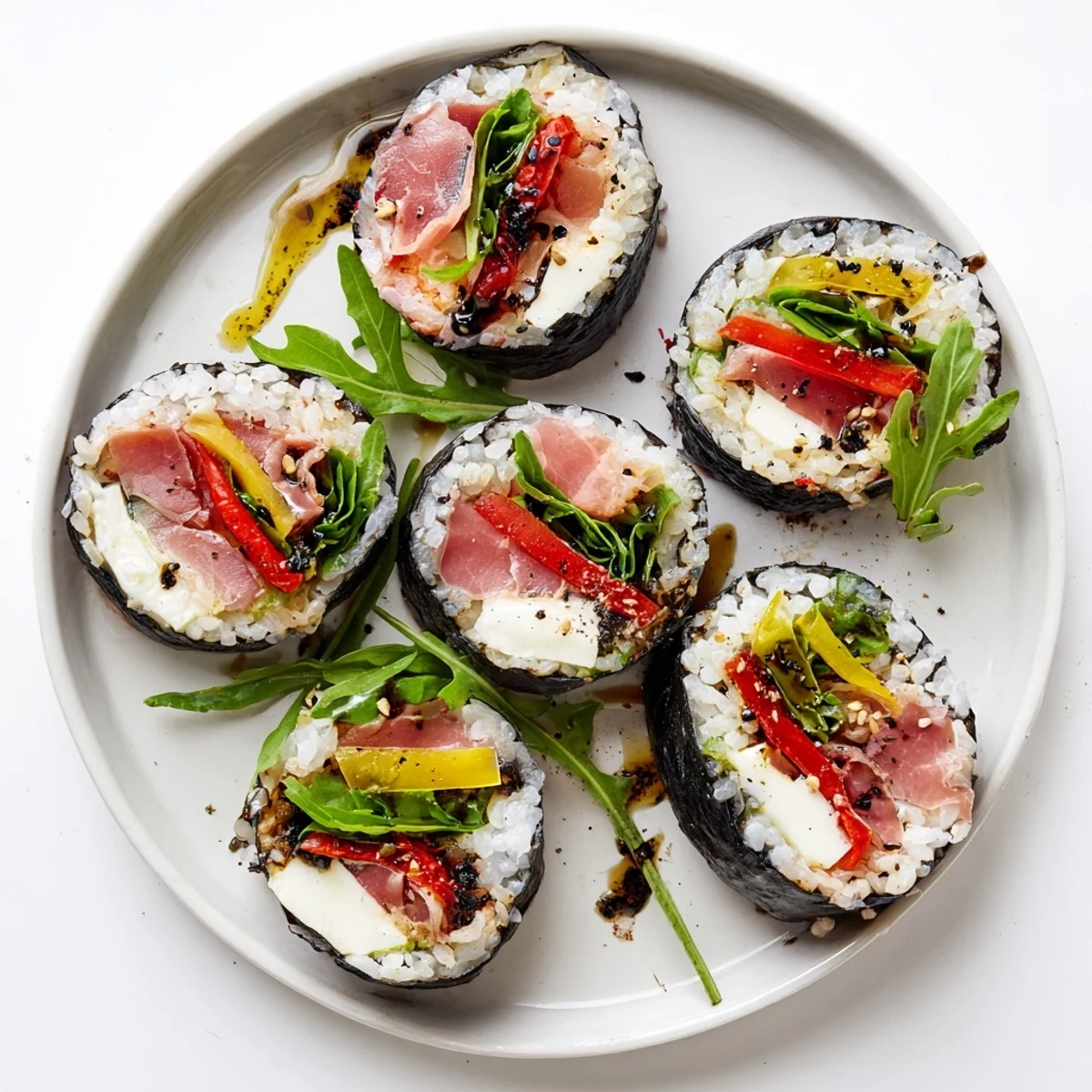 Colorful Italian sushi rolls featuring prosciutto, mozzarella, roasted peppers, and fresh basil arranged on a serving platter