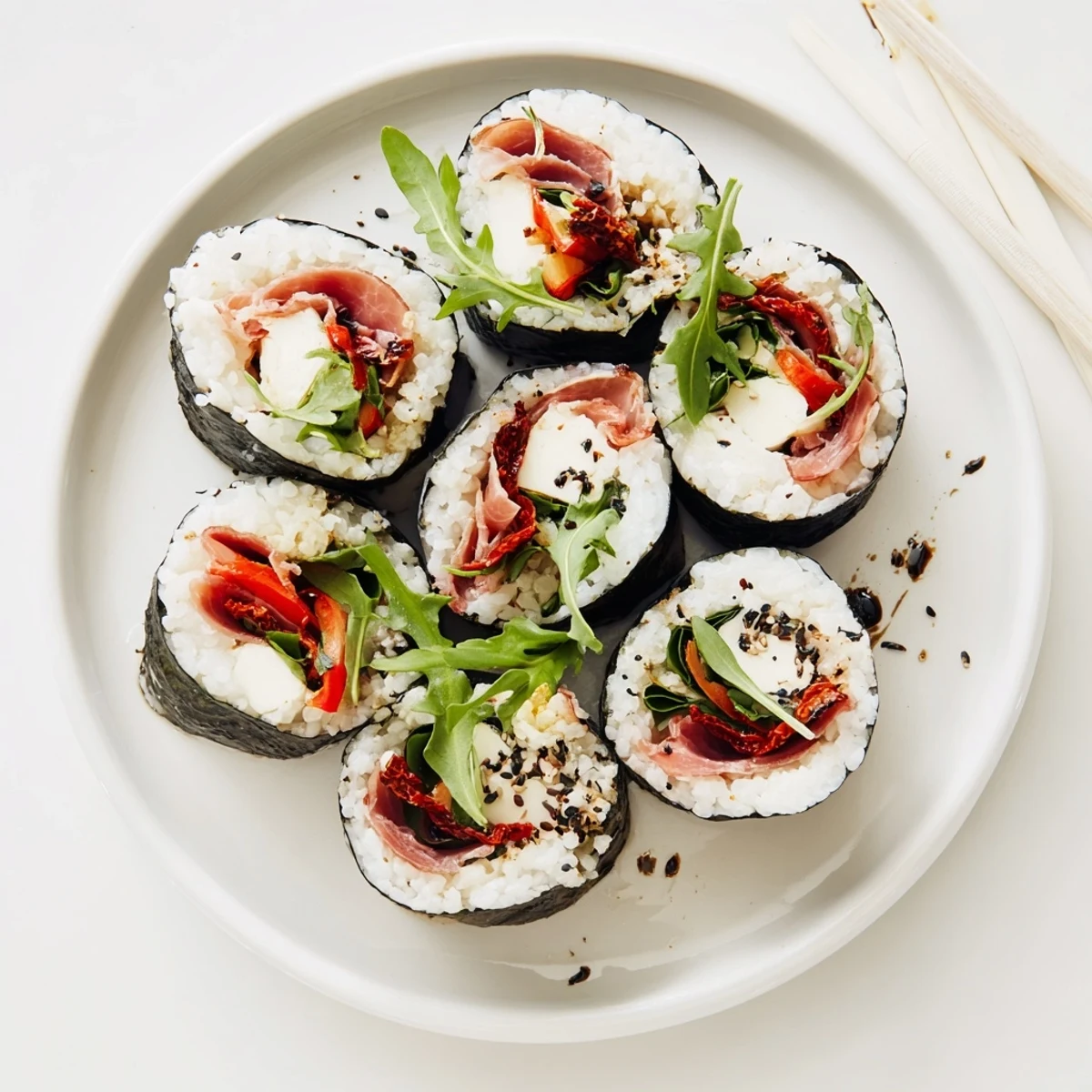 Close-up of Italian sushi pieces showcasing layered prosciutto, bell peppers, and fresh basil atop seasoned rice