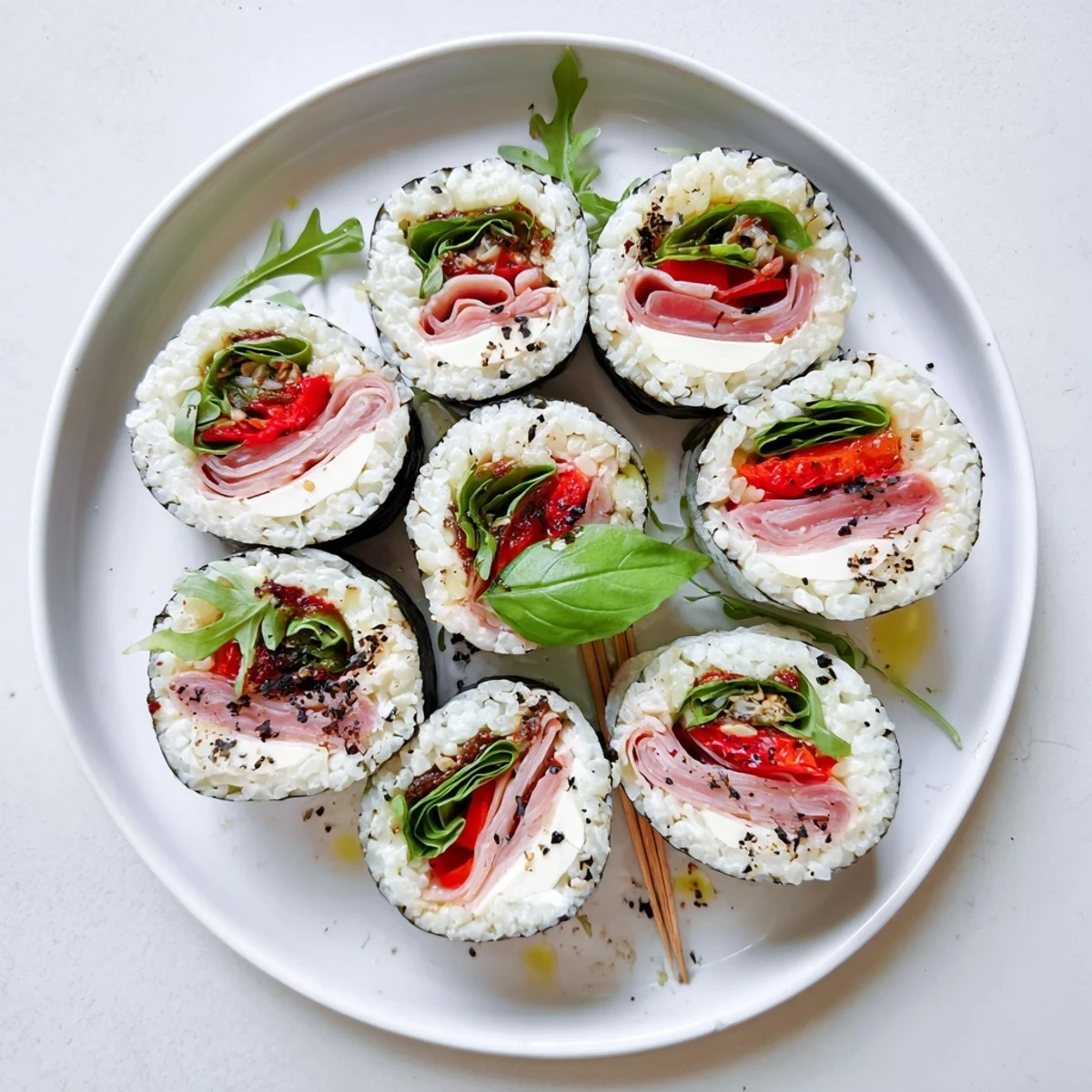 Fusion sushi rolls stuffed with sun-dried tomatoes, arugula, and mozzarella slices drizzled with balsamic glaze
