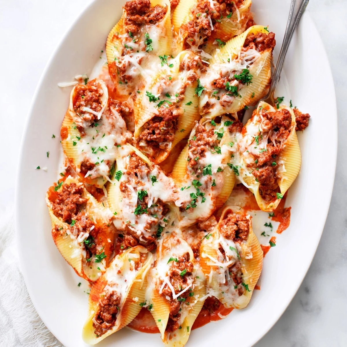 Golden melted cheese tops jumbo pasta shells filled with savory beef and ricotta mixture