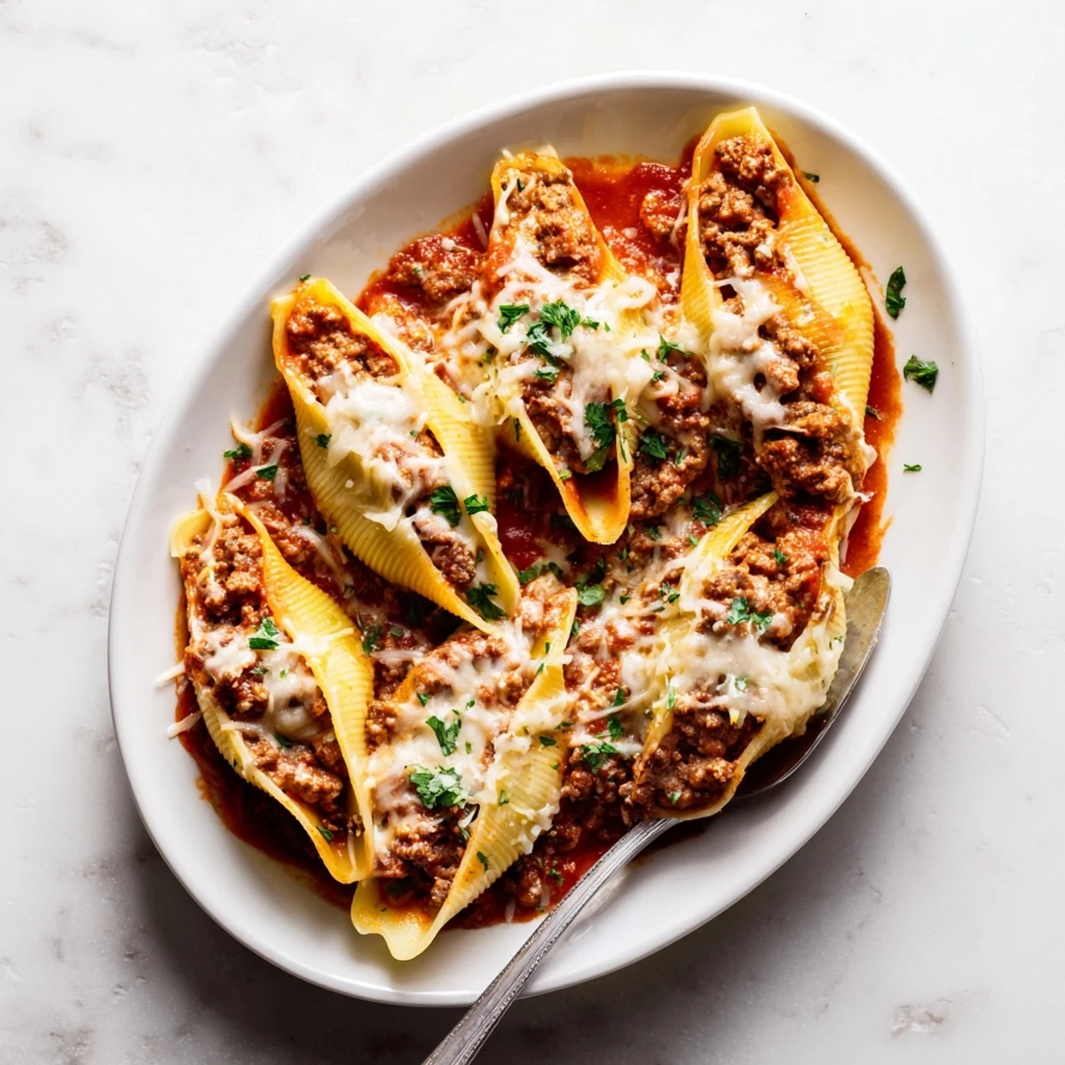 Creamy beef stuffed shells recipe baked in rich tomato sauce with bubbly mozzarella topping
