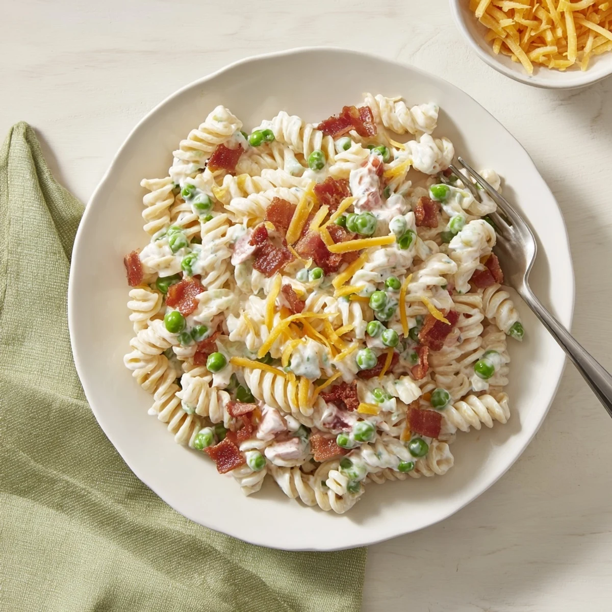 Cold pasta salad with rotini noodles, sharp cheddar, bacon bits and green onions