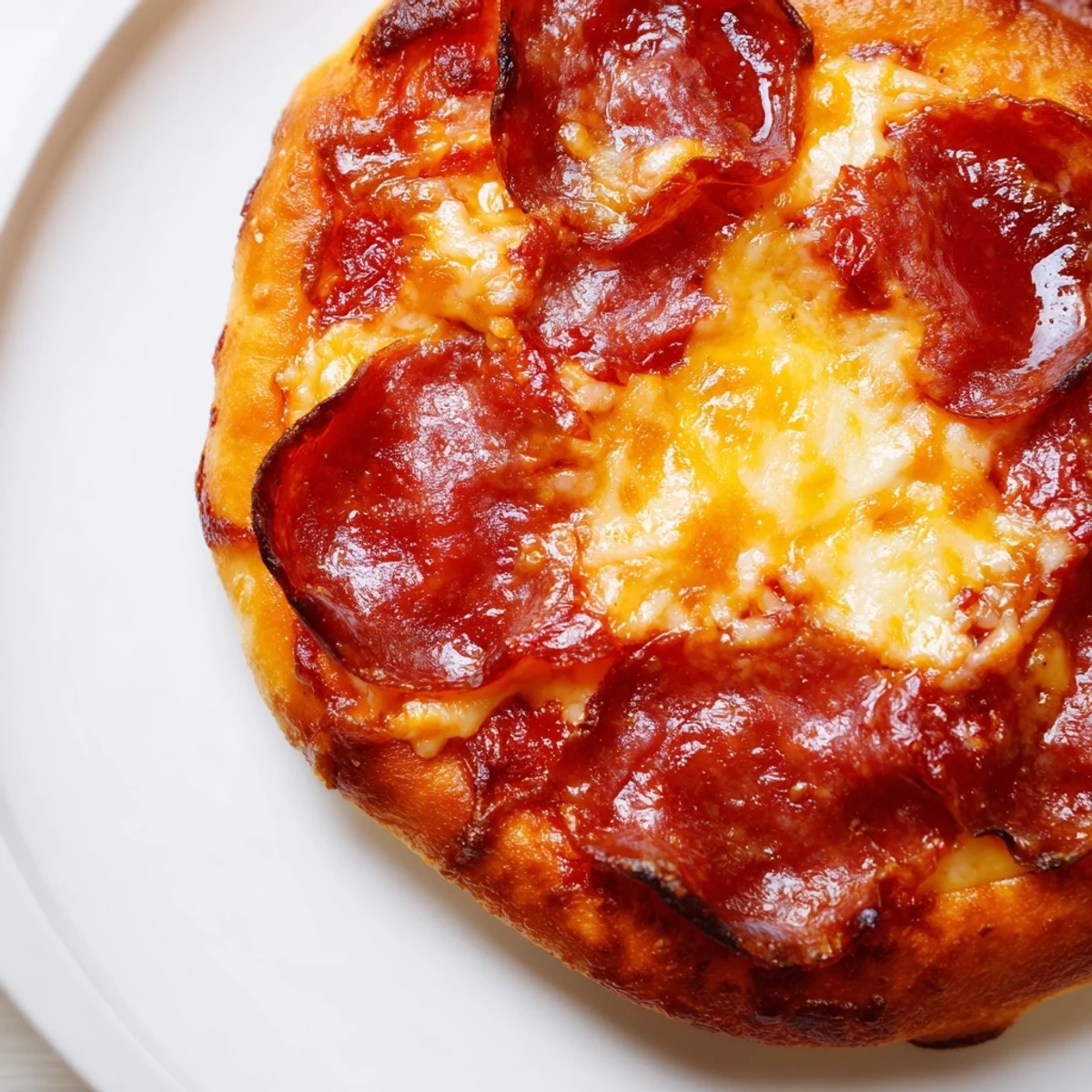 Freshly baked pan pizza recipe featuring pepperoni slices on a soft chewy interior with golden edges