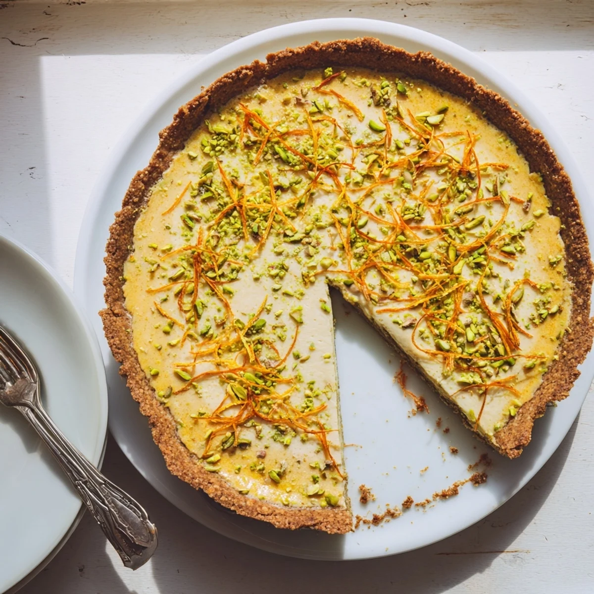 Elegant dessert featuring creamy orange-cardamom filling in crisp green pistachio crust