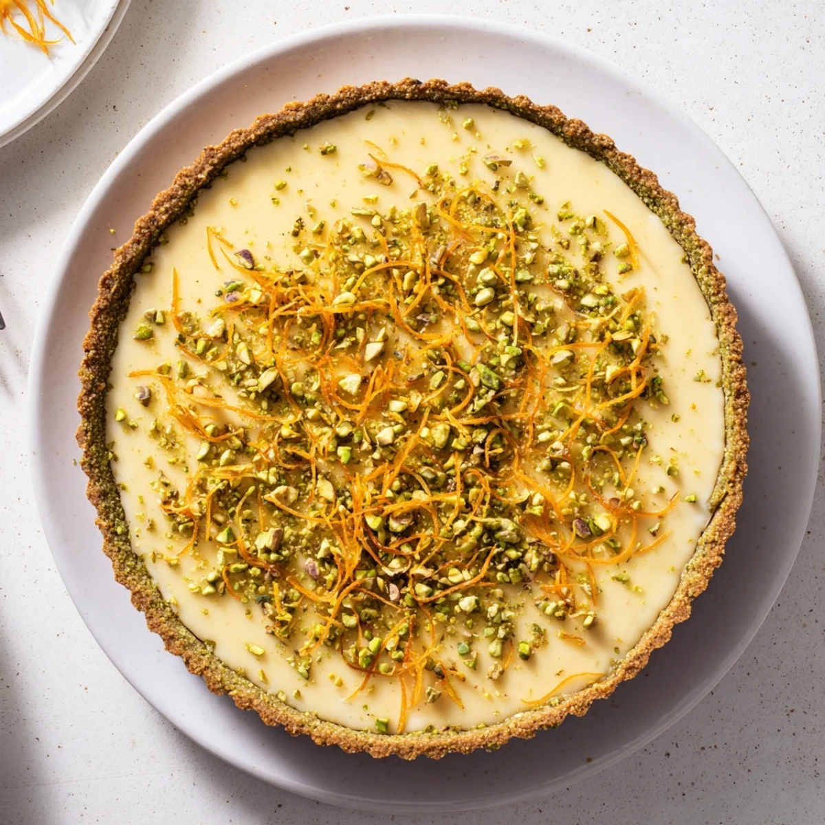 Whole orange cardamom tart with nutty crust and bright citrus zest topping