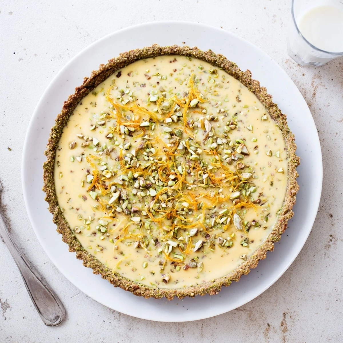 Golden orange cardamom tart slice with chopped pistachio garnish on white plate
